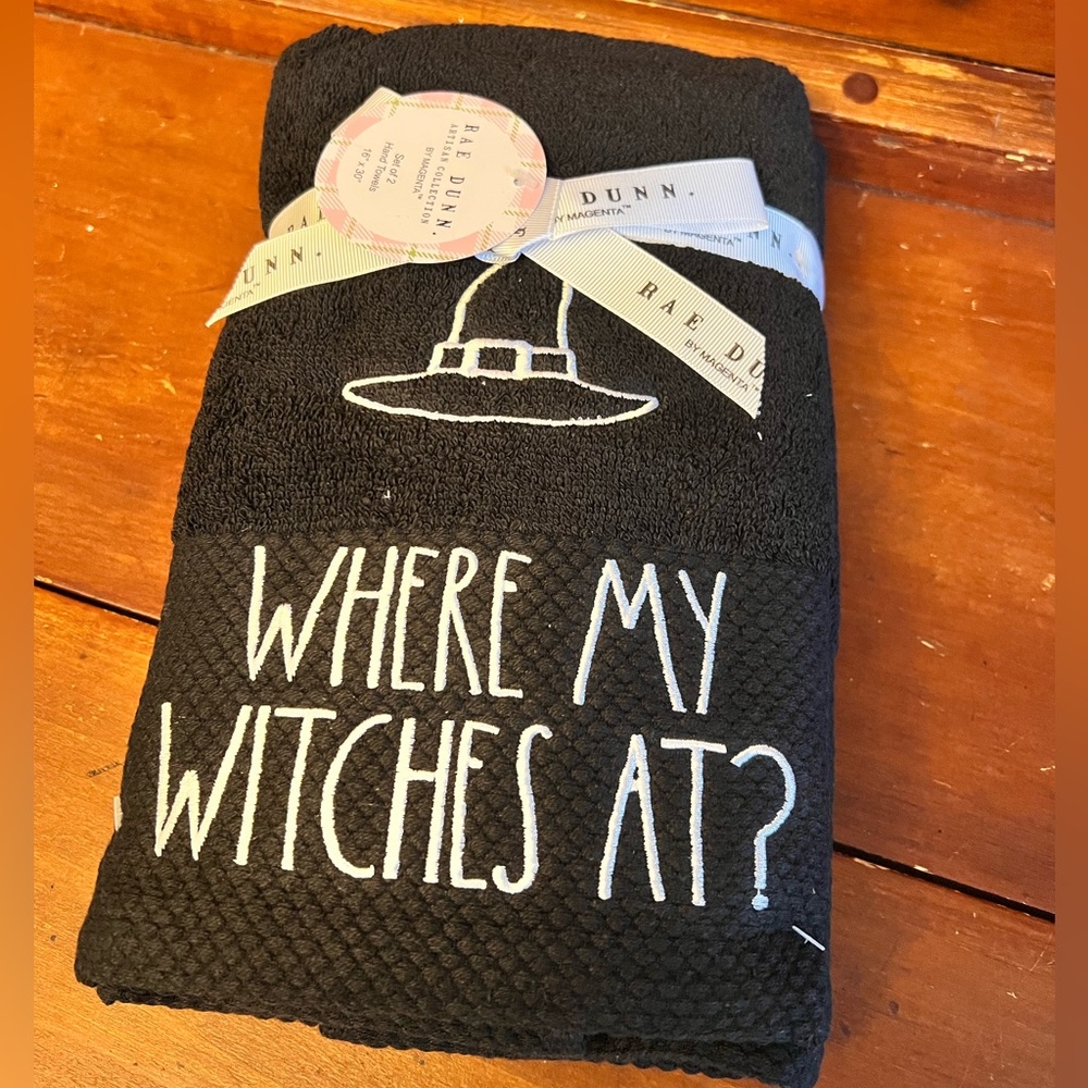 New with tags Rae Dunn Set of 2 hand towels Where are my Witches at?